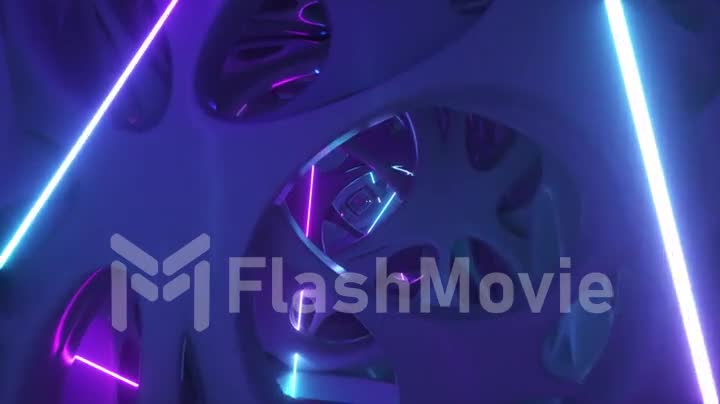 Flying through an abstract alien structure illuminated by neon lights. Modern ultraviolet lighting. 3d Animation of seamless loop