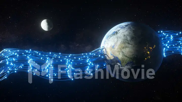 Wires passing through the planet earth and giving it energy. The pulses run along the fiber optic. Technological concept. 3d illustration