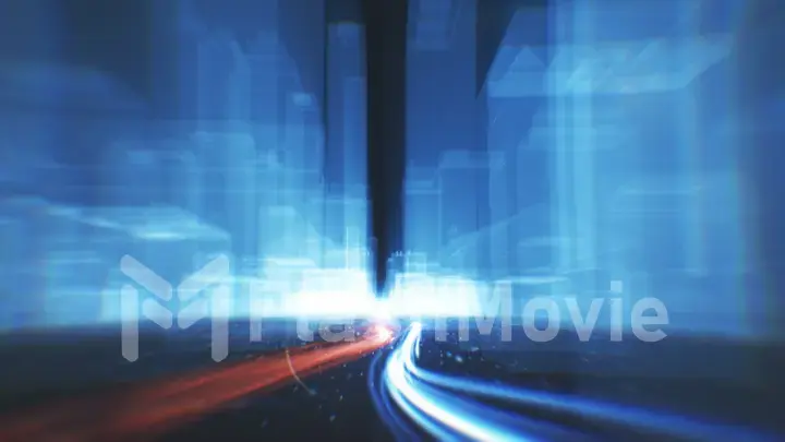 Abstract background of fiber optic cables carrying information into wireframe city buildings 3d illustration
