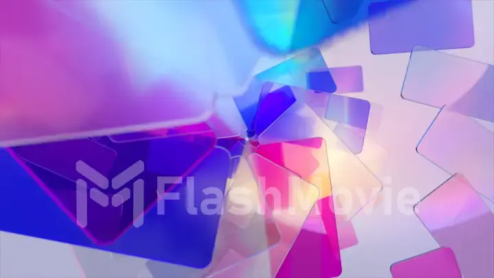 Brightly colored plastic cards fall from above in a spiral path. Smartphone. Blue, purple, pink color. 3d Illustration