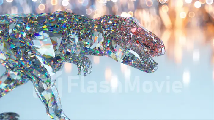 Close-up of a walking diamond dinosaur. Rainbow color. Brilliant, shining. 3d illustration