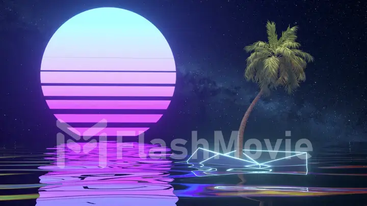 Retro concept. Album's cover. Palm tree on a neon sunset background. Water surface. Blue pink color. 3d illustration