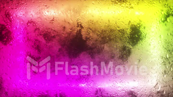 A bright neon rectangle flashes through a foggy window. Drop of water on the window. Seamless loop 3d render