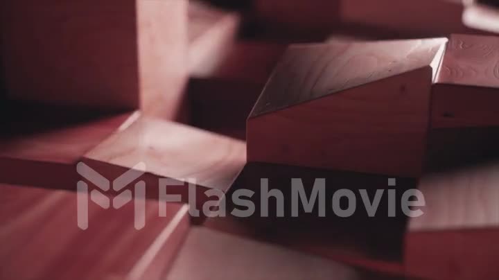 Wooden rectangles move up and down. Pillars. Sanded wooden blocks. Red color. Steps. 3d animation