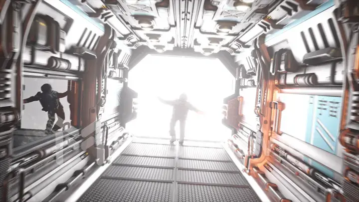 Astronaut escape on a spaceship. Gate opening and bright light. Fantastic space concept. 3d illustration