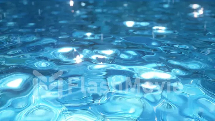 Pure blue water in the pool with light reflections. Water droplets falling to the surface. 3d illustration