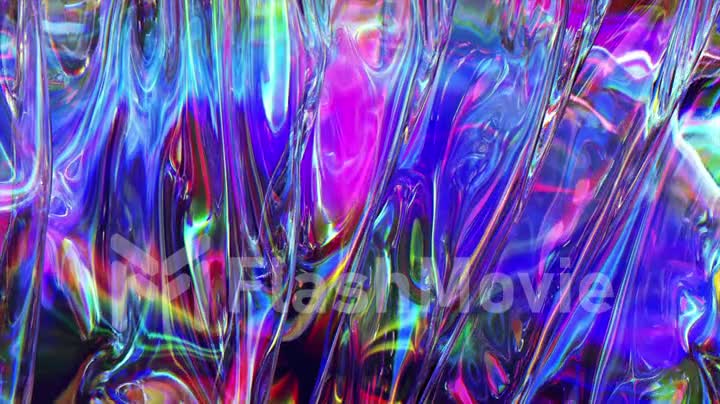 Transparent rainbow fabric sways in the wind. Blue pink color. Texture. Close-up. 3d animation