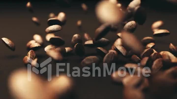 3d render of falling coffee beans in slow motion. Coffee grains are poured on the table and beat together