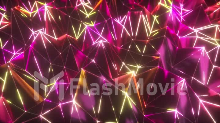 Abstract low polygonal black surface glowing at the edges. Seamless loop 4k cg technology motion background. Segments of a triangle. Ultraviolet neon wireframe lines in blue violet color spectrum.