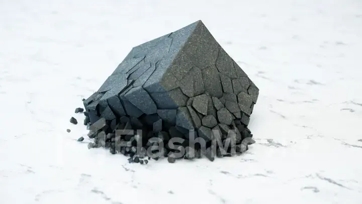 A cube of stone shatters into thousands of small pieces in slow motion. Destruction concept 3d illustration