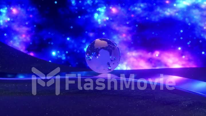 The glass ball of planet Earth smoothly rolls along the wavy chrome surface on a fantastic space, neon blue purple color. 3d Seamless loop animation