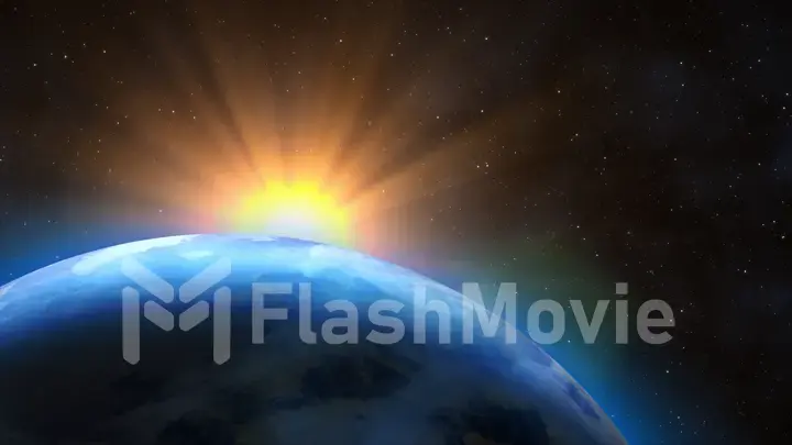 Sunrise over the Earth. Imaginary view of planet earth in outer space with the rising sun.