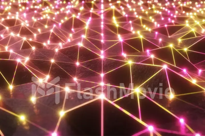 Flying over the landscape of a relief area in a retro futuristic style with a neon grid and luminous spheres. Modern ultraviolet light. 3d illustration