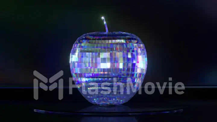 The blue disco apple spins on the platform reflecting the light. Dark and bright lighting. Mirror surface. Disco ball.