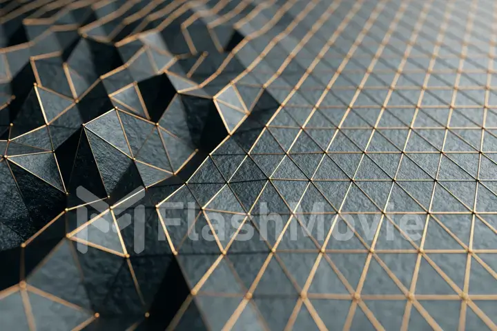 Abstract 3d illustration cg low polygonal Black surface. Geometric triangular lines. 3d render motion technology background. Triangle segments. Luxury backdrop. Gold neon wireframe lines