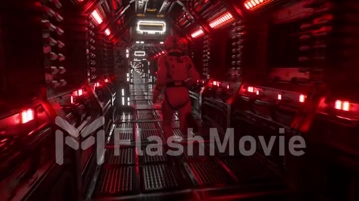 Astronaut runs through a tunnel to another compartment of the space gate. Spaceship and technology concept. 4k animation of seamless loop