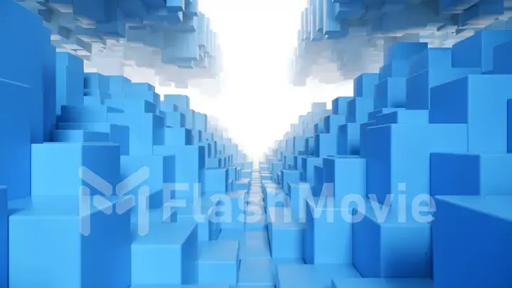 Abstract geometric tunnel made of blue cubes with random movement. 3d illustration