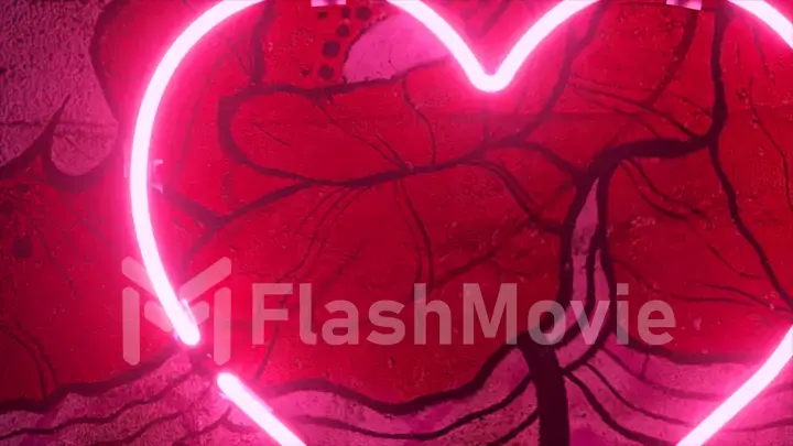 Pink neon heart blinking. Valentine's Day. Flower pattern in the background. Love. Romance. 3d illustration
