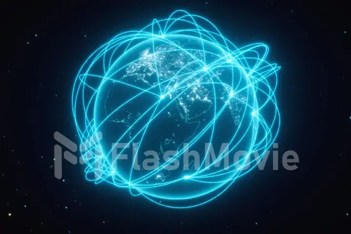 World connections with city lights. Blue. Earth globe. Spinning Earth with light lines growing from major cities all over the world. 3d illustration