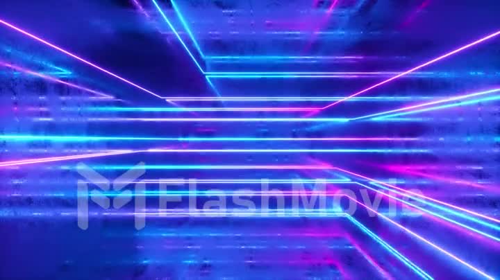 Abstract background, moving neon rays, luminous lines inside the metallic scratched room, fluorescent ultraviolet light, blue red pink violet spectrum, loop, seamless loop 3d render