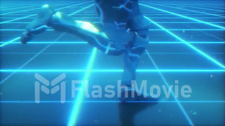 A futuristic humanoid robot running through a sci-fi grid surface