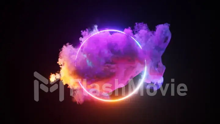 Abstract concept. A cloud illuminated by a neon light ring on a black isolated background. Glowing geometric figure.