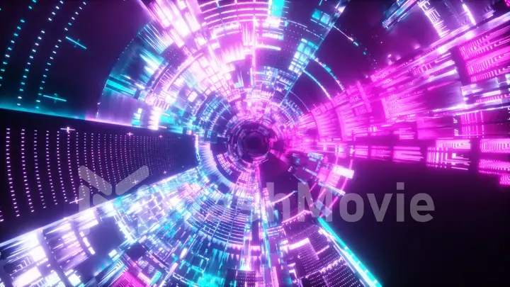 Flying into spaceship tunnel, sci-fi spaceship corridor. Futuristic technology abstract seamless VJ modern ultraviolet neon spectrum. Motion graphic for internet, speed. 3d illustration