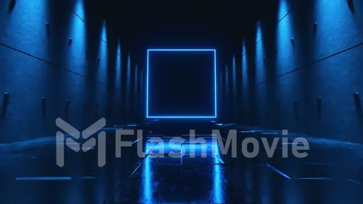 Endless flight in a futuristic dark corridor with neon lighting. A bright neon square in front. 3d illustration