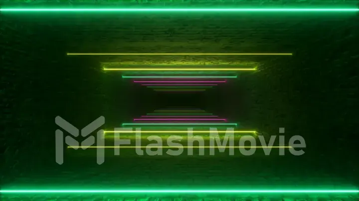 Flying through glowing neon lines creating a brick tunnel, blue red pink violet spectrum, fluorescent ultraviolet light, modern colorful lighting, 3d illustration