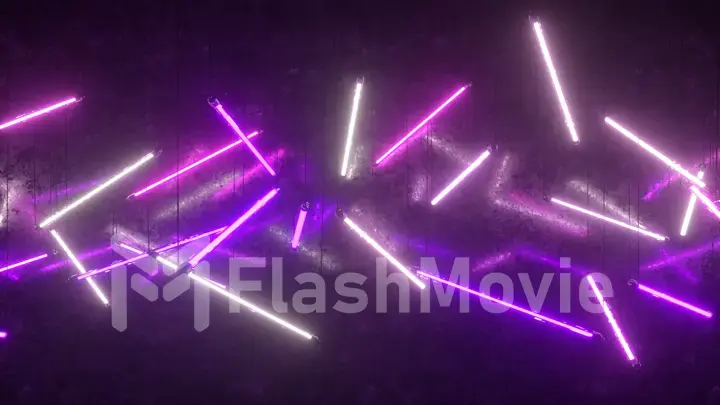 Purple and white neon fluorescent lights suspended from ropes. Modern lighting. 3d illustration