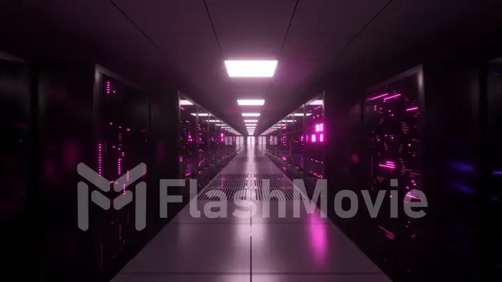 Digital data transmission to data servers behind glass panels in a data center server room. High speed digital lines. 3d illustration