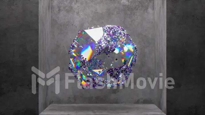 Abstract concept. A multifaceted transparent gem rotates on a gray background. Change of scenery. Precious particles.