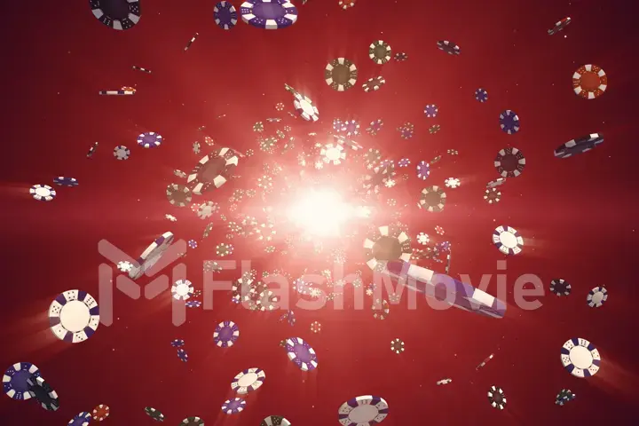 Flying casino chips in camera with rays of light on a colorful background 3d illustration