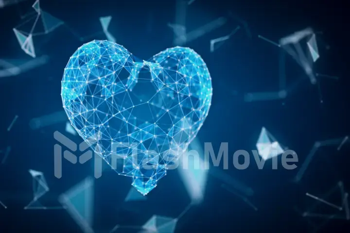 The digital heart icon is formed from particles in a network cloud of lines and points. The heart of technology 3d illustration