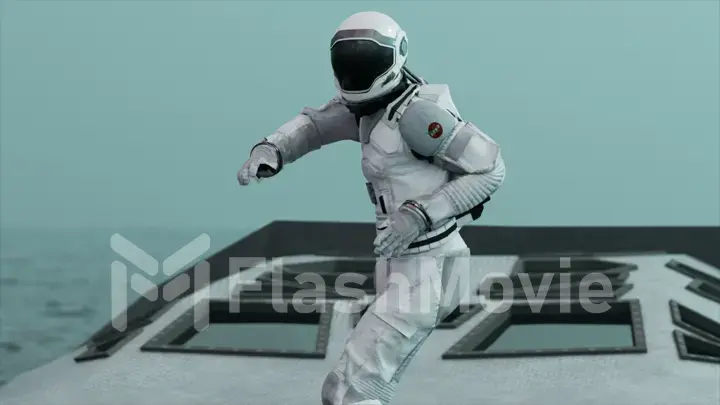 The concept of space exploration. An astronaut is dancing on a boat in the middle of the ocean space. White suit.