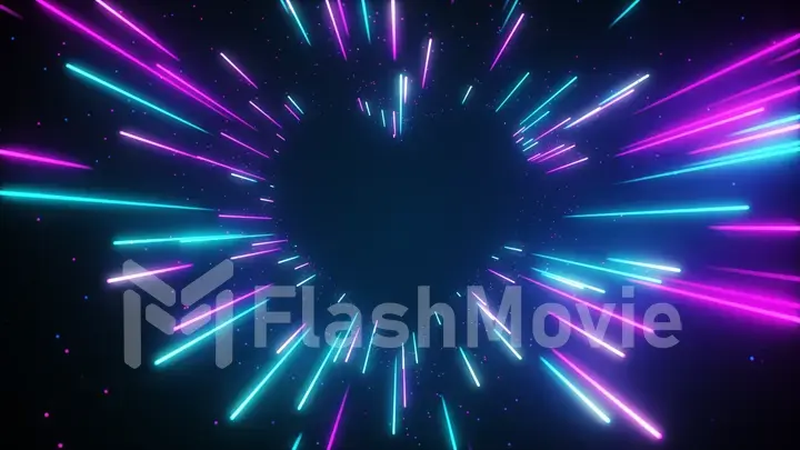 Flying in a blue pink futuristic neon heart-shaped tunnel. Abstract corridor with fast moving light lines. 3d illustration