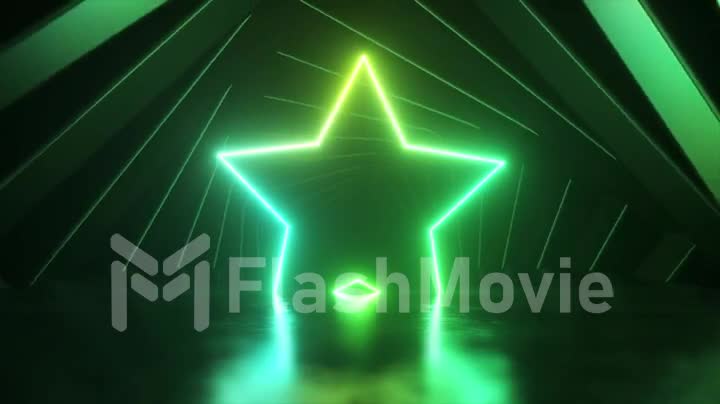 Green neon star surrounded by rotating squares. Tunnel. Scene. Disco. 3d animation of seamless loop.