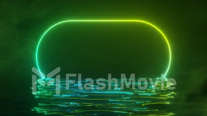 A bright neon frame shimmers with a neon spectrum of light in the water. Smoky background. 3d illustration