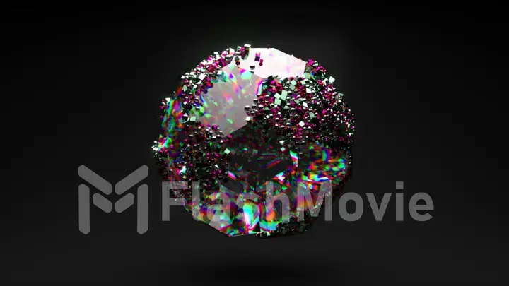 Crystal polyhedral sphere rotates. Diamond particles are attracted to the surface of the figure and move along it.