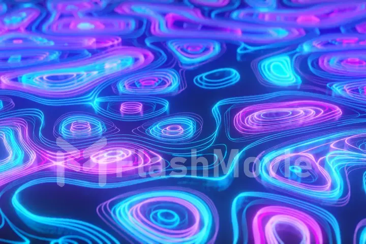 Abstract neon background of topographic map concept. Contour map. Valleys and mountains. Geography concept. Wavy backdrop. Space surface. magic neon light curved swirl line. Seamless loop 3d render