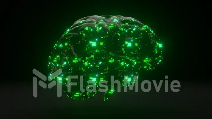 Green glass brain on black background. Microcircuits. Artificial Intelligence. Neon light. 3d Illustration