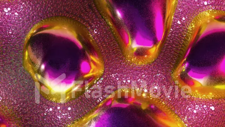 Abstract concept. A stream of glowing pink neon particles flows around gold purple metal bubbles. Close-up.