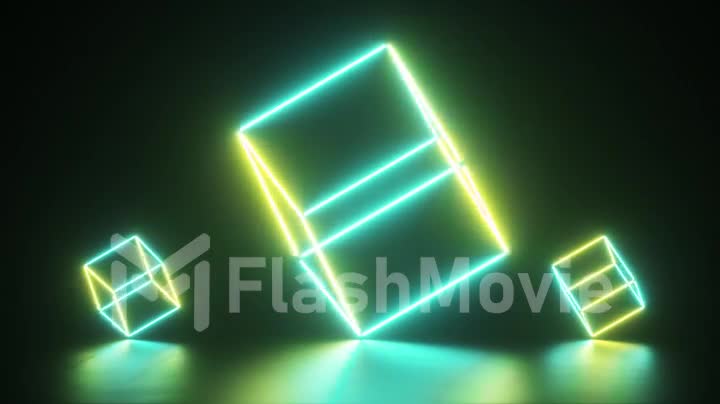 Abstract glowing neon lines creating a cubes, blue green spectrum, fluorescent light, modern colorful lighting, 4k seamless loop cg animation