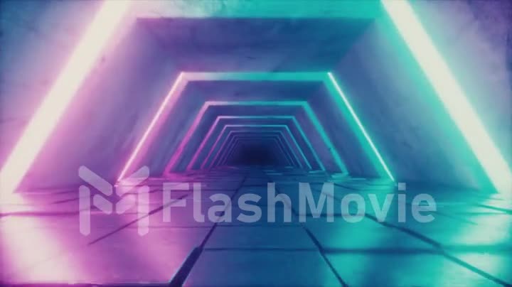 Flying in futuristic tunnel with fluorescent ultraviolet lights. Sci-fi interior corridor. Modern neon blue purple light spectrum. 3D render seamless loop animation 4k UHD