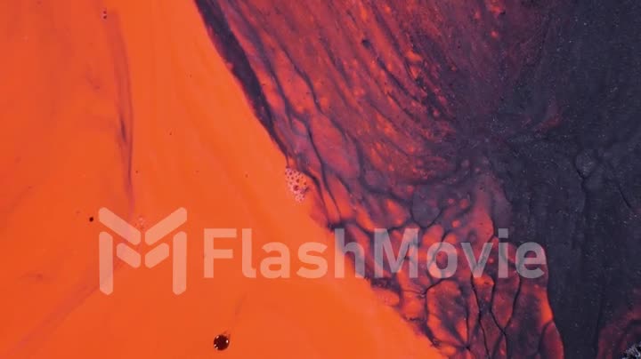 Beautiful abstract orange and black background with bright bubbles of bright paint. Beauty design background. Liquid makeup foundation moving close-up. Macro 4K UHD video