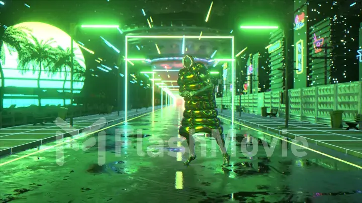 Cyberpunk guy dancing. Sunset background. Night city. Road. Green neon. Futuristic concept. UFO. 3d illustration