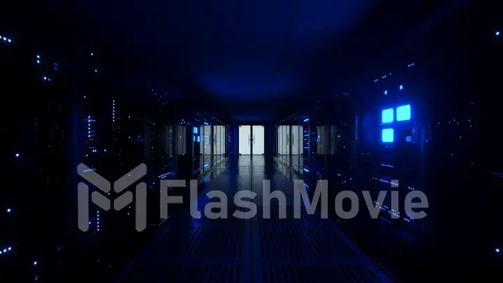 Digital data transmission to data servers behind glass panels in a data center server room. High speed digital lines. 3d illustration