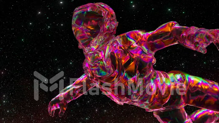 Abstract space concept. Pink neon color. Diamond astronaut floats against the starry sky. Open space.