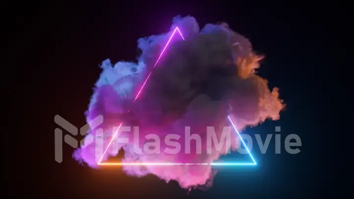 Bright neon triangle on a black isolated background. Cloud around and inside the triangle. Fantastic modern design.