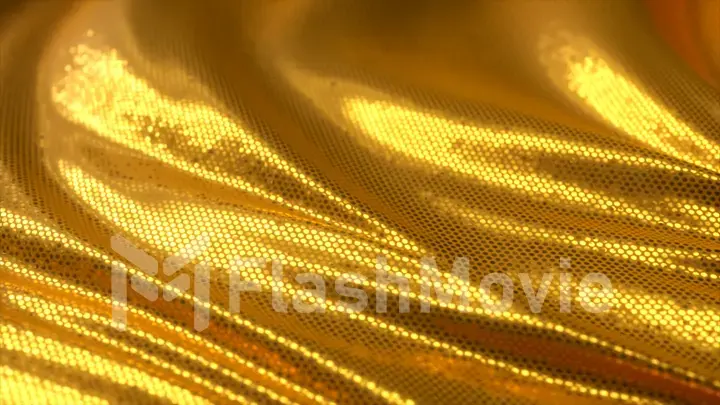 Gold beautiful shiny background of sequins and bokeh. Wavy festive fabric texture with shiny particles close up. 3d illustration